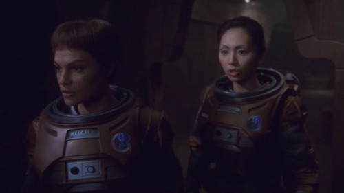 T'Pol and Hoshi on the Klingon ship in their EV suits