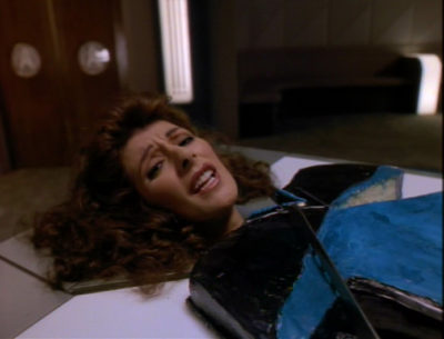 Troi's head on a cake of her body in "Phantasms"