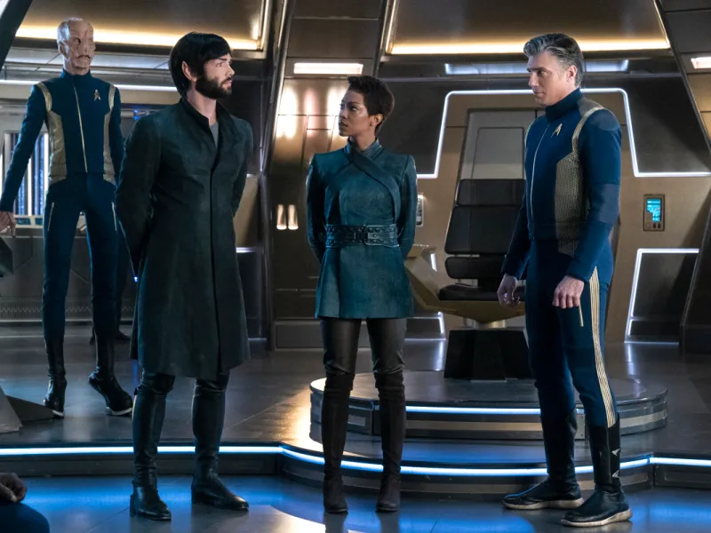 Spock, Burnham and Pike talk on the Discovery bridge