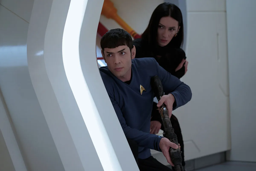 Spock and Aspen/Angel in the corridor after the Enterprise is boarded by pirates in "The Serene Squall"