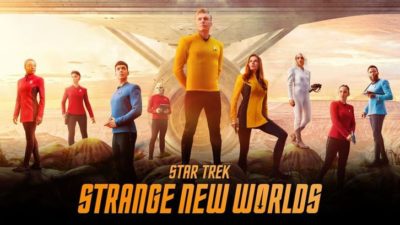 Star Trek SNW Season 1 cast photo in front of the Enterprise